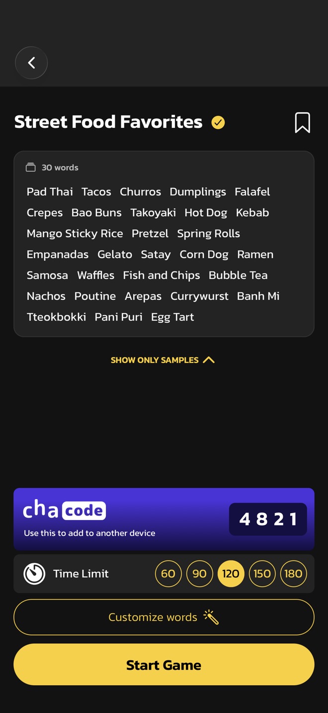 A Street Food Favorites deck with all 30 words shown